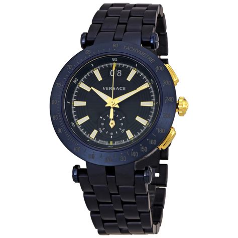 versace v-race black dial men's navy steel watch|Versace Mens Black 46 mm V.